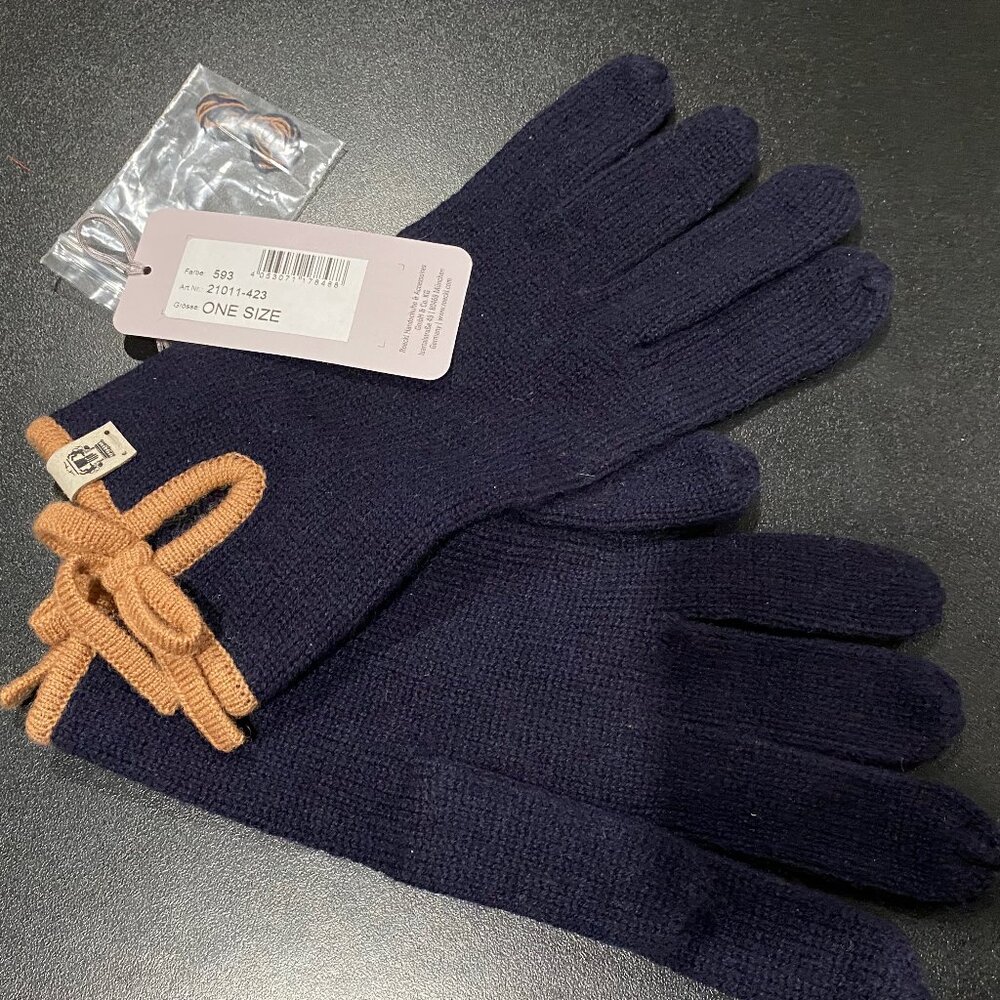 New Roeckl Germany Woman Fairy Bow Navy Beige Soft Merino Wool Gloves OS